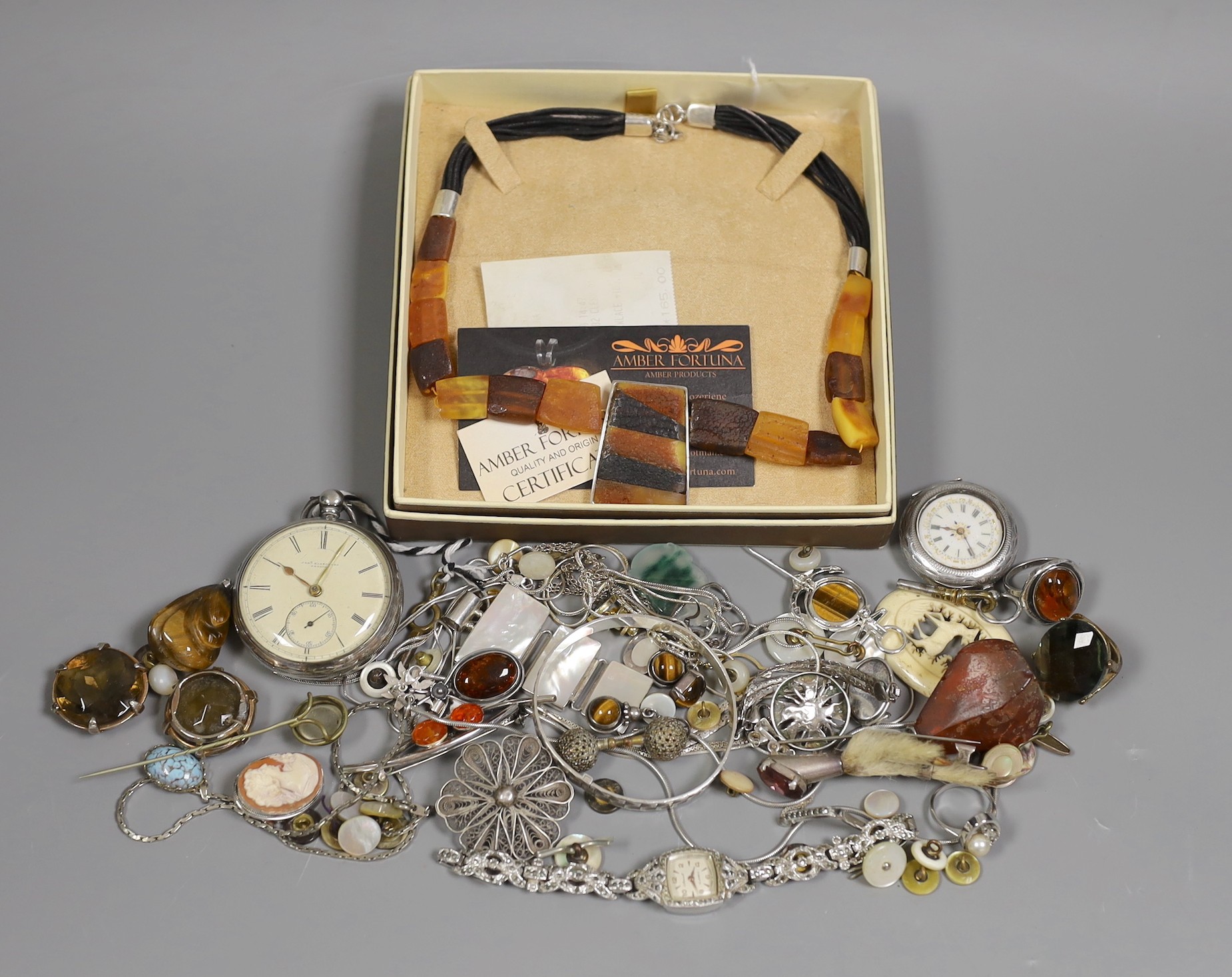 A quantity of assorted jewellery including white metal and 925, together with a silver open faced pocket watch and a Swiss white metal fob watch.